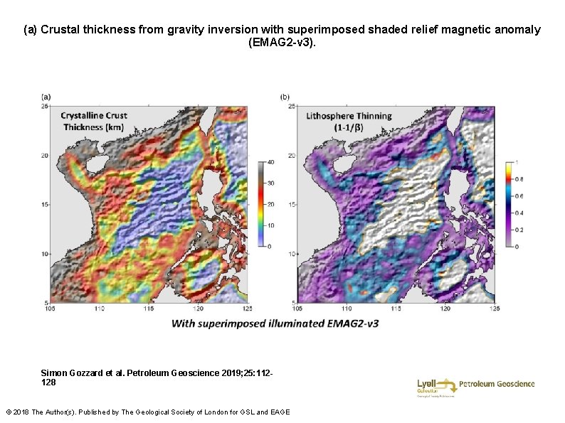 (a) Crustal thickness from gravity inversion with superimposed shaded relief magnetic anomaly (EMAG 2