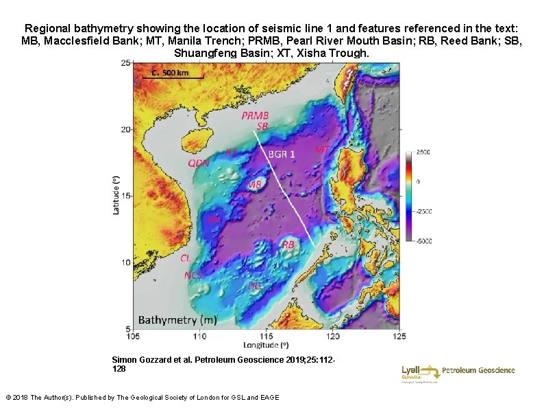 Regional bathymetry showing the location of seismic line 1 and features referenced in the