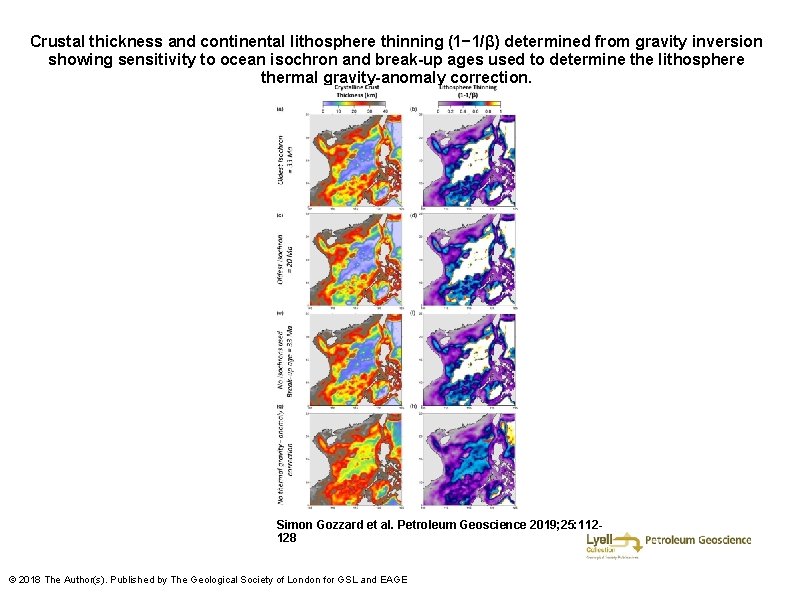 Crustal thickness and continental lithosphere thinning (1− 1/β) determined from gravity inversion showing sensitivity