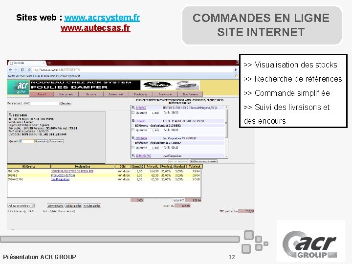 Sites web : www. acrsystem. fr www. autecsas. fr COMMANDES EN LIGNE SITE INTERNET