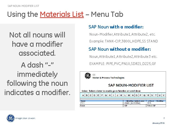 SAP NOUN-MODIFIER LIST Using the Materials List – Menu Tab SAP Noun with a
