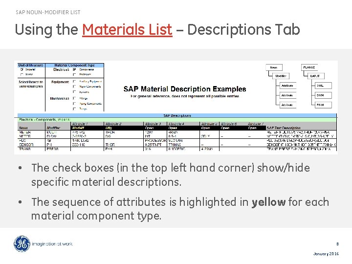 SAP NOUN-MODIFIER LIST Using the Materials List – Descriptions Tab • The check boxes