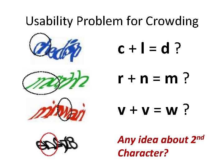 Usability Problem for Crowding c+l=d? r+n=m? v+v=w? Any idea about 2 nd Character? 