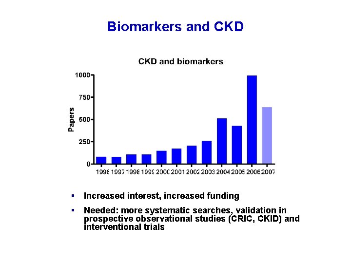 Biomarkers and CKD § Increased interest, increased funding § Needed: more systematic searches, validation
