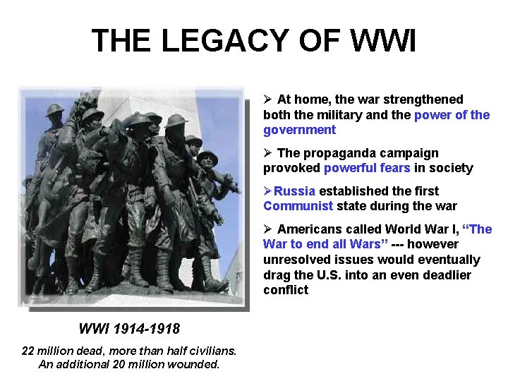 THE LEGACY OF WWI Ø At home, the war strengthened both the military and THE LEGACY OF WWI Ø At home, the war strengthened both the military and