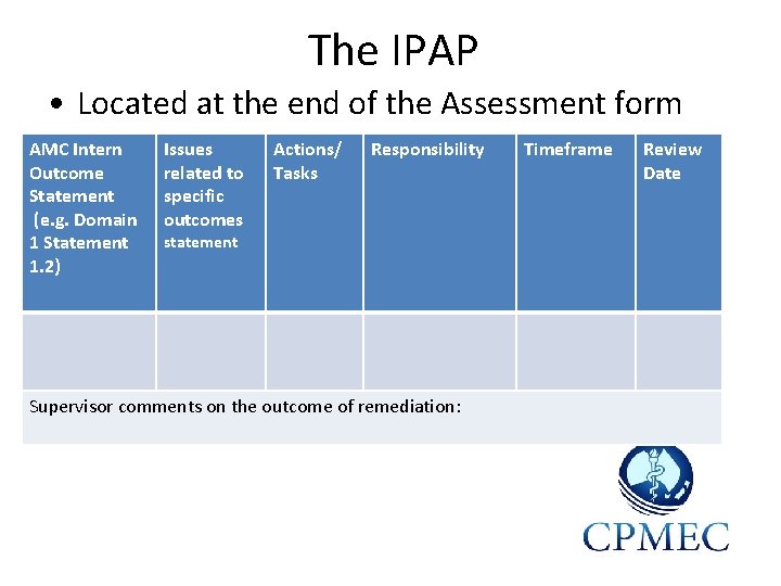 The IPAP • Located at the end of the Assessment form AMC Intern Outcome