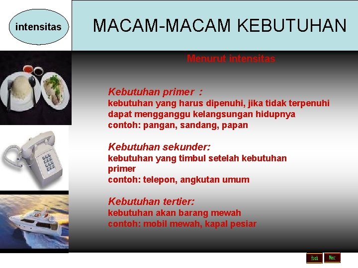 intensitas MACAM-MACAM KEBUTUHAN Menurut intensitas Kebutuhan primer : kebutuhan yang harus dipenuhi, jika tidak