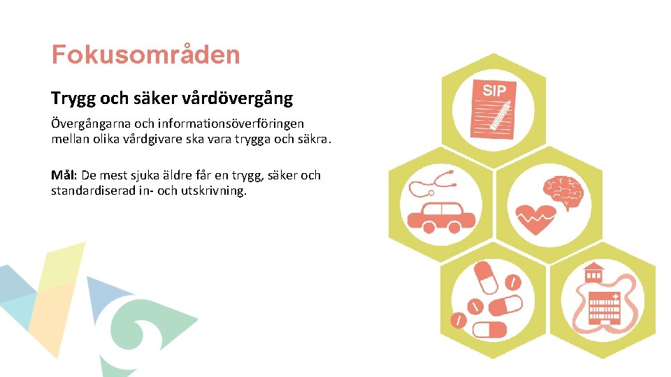 Fokusområden Trygg och säker vårdövergång Övergångarna och informationsöverföringen mellan olika vårdgivare ska vara trygga