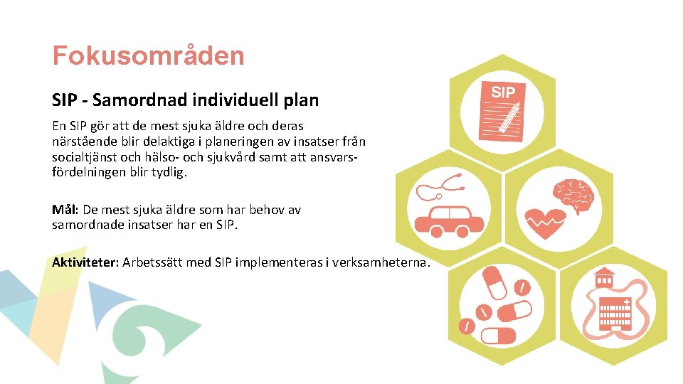 Fokusområden SIP - Samordnad individuell plan En SIP gör att de mest sjuka äldre