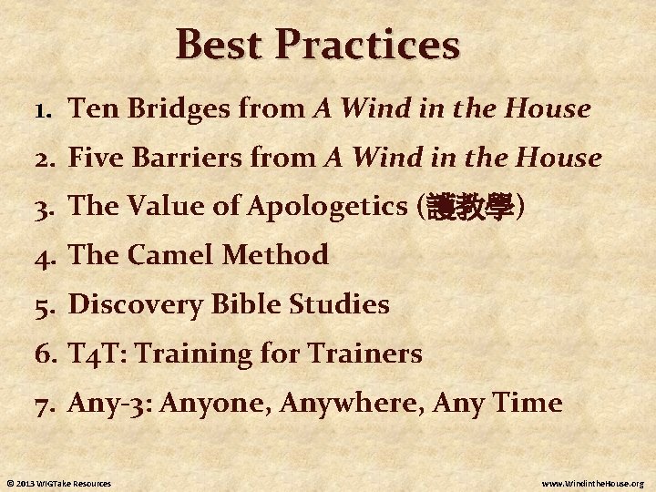 Best Practices 1. Ten Bridges from A Wind in the House 2. Five Barriers