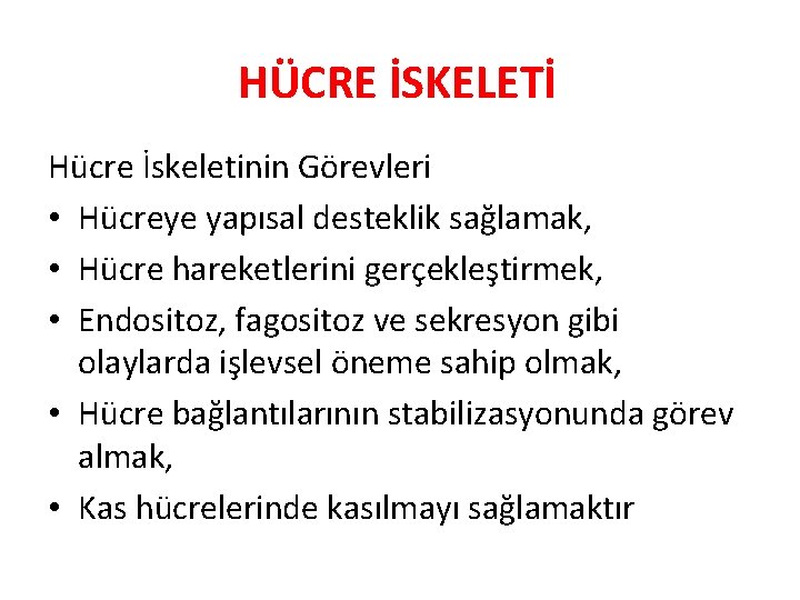 HÜCRE İSKELETİ Hücre İskeletinin Görevleri • Hücreye yapısal desteklik sağlamak, • Hücre hareketlerini gerçekleştirmek, HÜCRE İSKELETİ Hücre İskeletinin Görevleri • Hücreye yapısal desteklik sağlamak, • Hücre hareketlerini gerçekleştirmek,