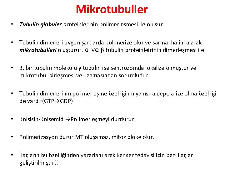 Mikrotubuller • Tubulin globuler proteinlerinin polimerleşmesi ile oluşur. • Tubulin dimerleri uygun şartlarda polimerize