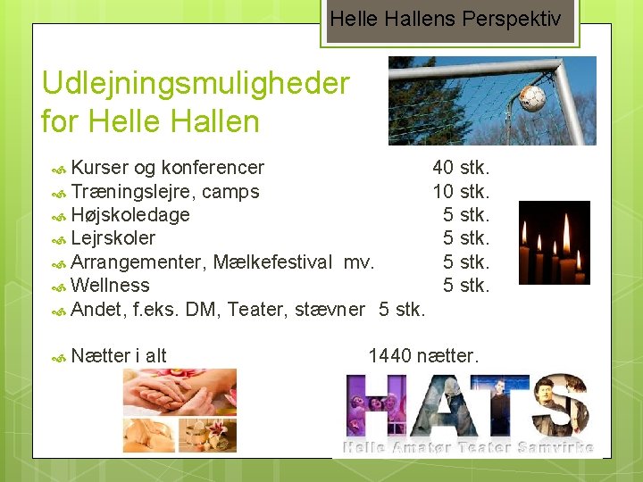 Helle Hallens Perspektiv Udlejningsmuligheder for Helle Hallen Kurser og konferencer Træningslejre, camps Højskoledage Lejrskoler