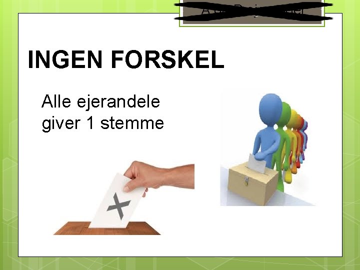 A og B ejerandel INGEN FORSKEL Alle ejerandele giver 1 stemme 