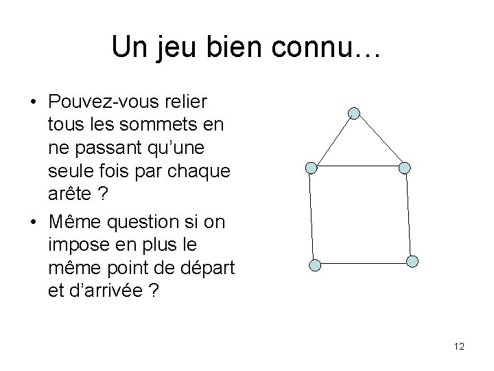 Un jeu bien connu… • Pouvez-vous relier tous les sommets en ne passant qu’une Un jeu bien connu… • Pouvez-vous relier tous les sommets en ne passant qu’une