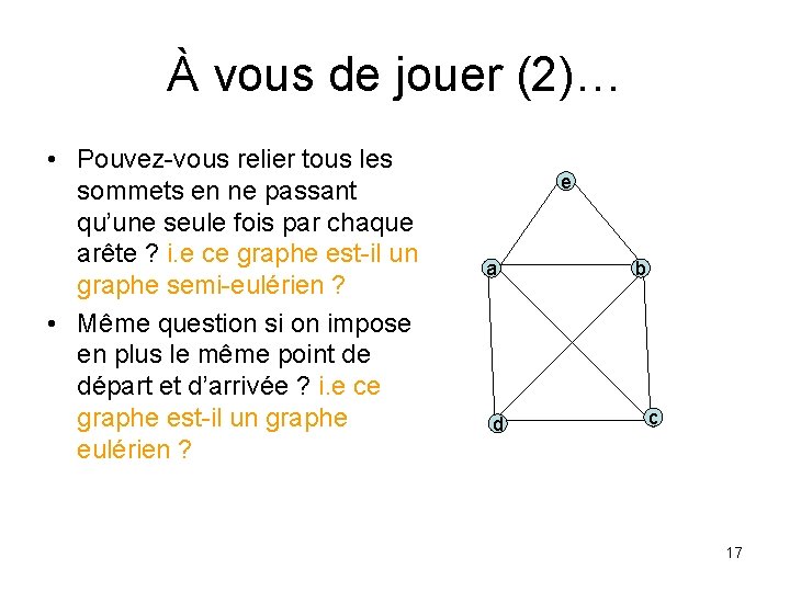 À vous de jouer (2)… • Pouvez-vous relier tous les sommets en ne passant À vous de jouer (2)… • Pouvez-vous relier tous les sommets en ne passant