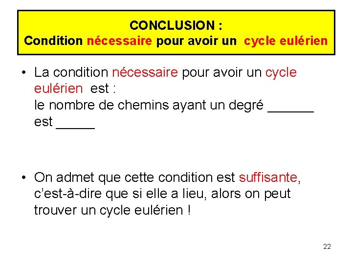 CONCLUSION : Condition nécessaire pour avoir un cycle eulérien • La condition nécessaire pour CONCLUSION : Condition nécessaire pour avoir un cycle eulérien • La condition nécessaire pour