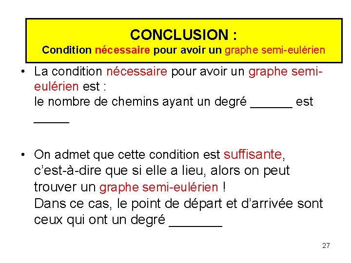 Condition nécessaire pour avoir un graphe semi-eulérien CONCLUSION : Condition nécessaire pour avoir un Condition nécessaire pour avoir un graphe semi-eulérien CONCLUSION : Condition nécessaire pour avoir un