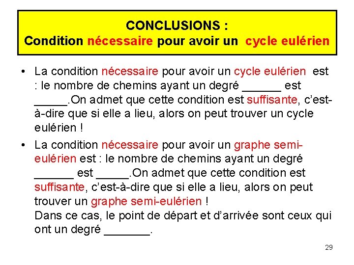 CONCLUSIONS : Condition nécessaire pour avoir un cycle eulérien • La condition nécessaire pour CONCLUSIONS : Condition nécessaire pour avoir un cycle eulérien • La condition nécessaire pour