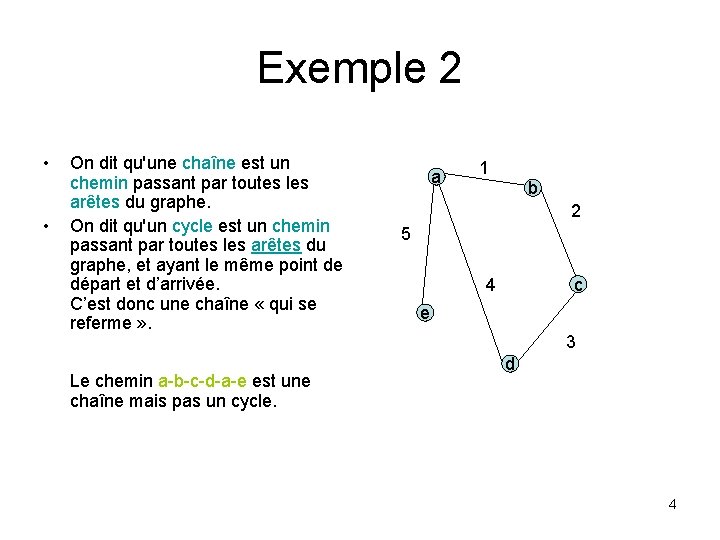 Exemple 2 • • On dit qu'une chaîne est un chemin passant par toutes Exemple 2 • • On dit qu'une chaîne est un chemin passant par toutes