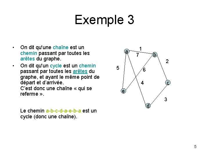 Exemple 3 • • On dit qu'une chaîne est un chemin passant par toutes Exemple 3 • • On dit qu'une chaîne est un chemin passant par toutes