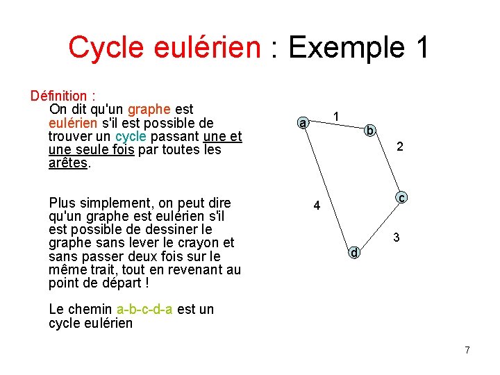Cycle eulérien : Exemple 1 Définition : On dit qu'un graphe est eulérien s'il Cycle eulérien : Exemple 1 Définition : On dit qu'un graphe est eulérien s'il