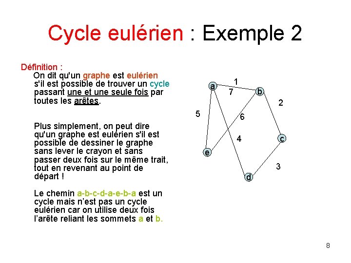 Cycle eulérien : Exemple 2 Définition : On dit qu'un graphe est eulérien s'il Cycle eulérien : Exemple 2 Définition : On dit qu'un graphe est eulérien s'il