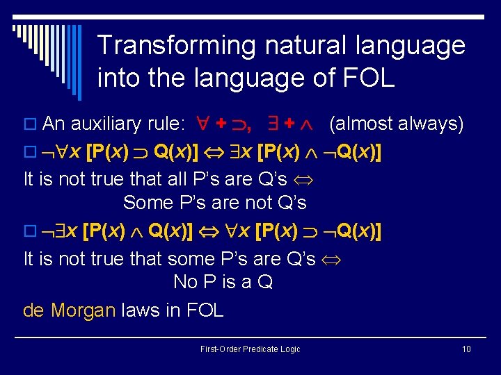 Transforming natural language into the language of FOL o An auxiliary rule: + , Transforming natural language into the language of FOL o An auxiliary rule: + ,