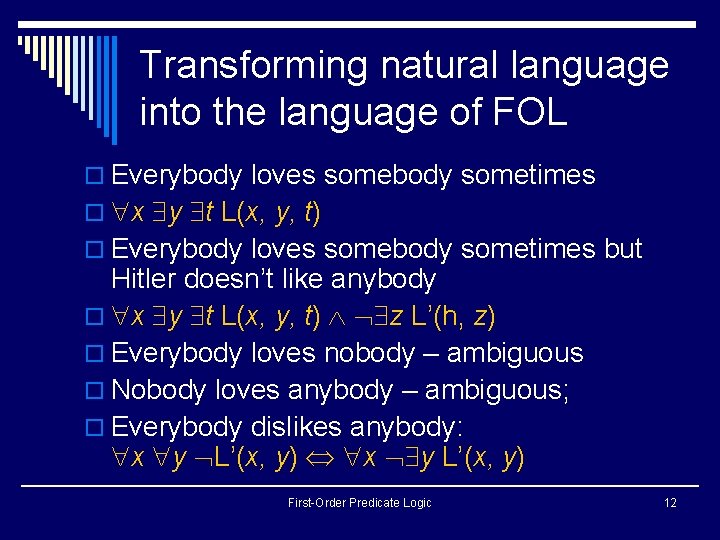 Transforming natural language into the language of FOL o Everybody loves somebody sometimes o Transforming natural language into the language of FOL o Everybody loves somebody sometimes o