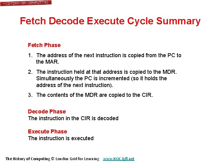 Fetch Decode Execute Cycle Summary Fetch Phase 1. The address of the next instruction