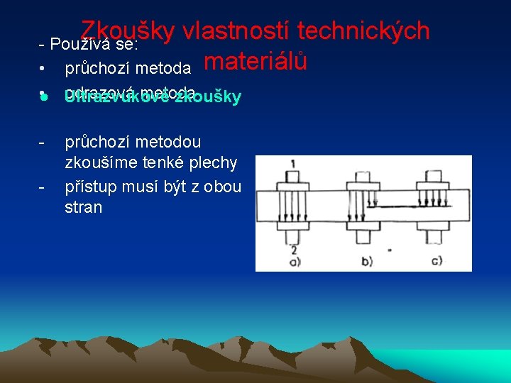 Zkoušky vlastností technických - Používá se: • průchozí metoda materiálů • ● Ultrazvukové odrazová