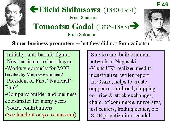  Eiichi Shibusawa (1840 -1931) P. 46 From Saitama Tomoatsu Godai (1836 -1885) From