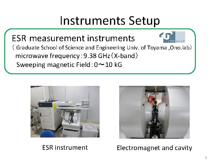 Instruments Setup ESR measurement instruments （ Graduate School of Science and Engineering Univ. of