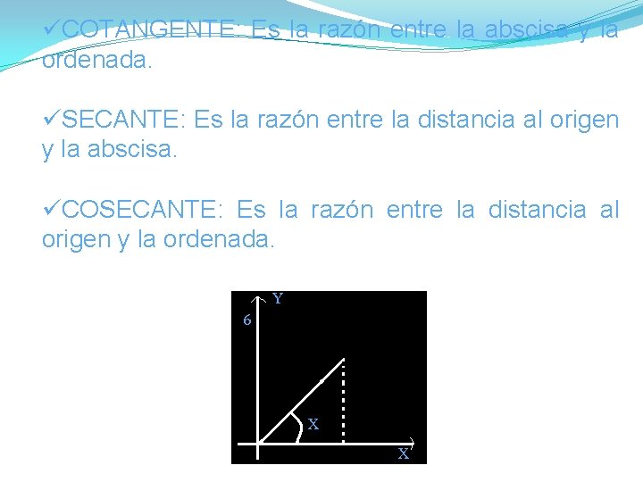 üCOTANGENTE: Es la razón entre la abscisa y la ordenada. üSECANTE: Es la razón üCOTANGENTE: Es la razón entre la abscisa y la ordenada. üSECANTE: Es la razón