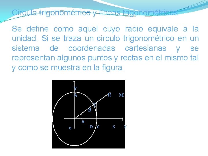 Circulo trigonométrico y líneas trigonométricas. Se define como aquel cuyo radio equivale a la Circulo trigonométrico y líneas trigonométricas. Se define como aquel cuyo radio equivale a la