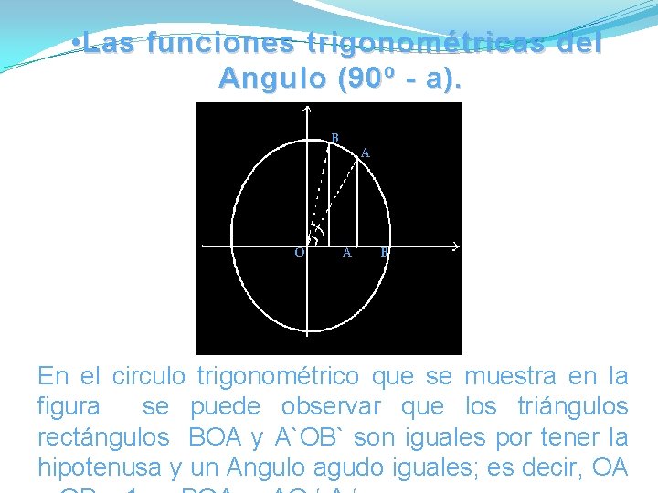 • Las funciones trigonométricas del Angulo (90º - a). Y B O X • Las funciones trigonométricas del Angulo (90º - a). Y B O X