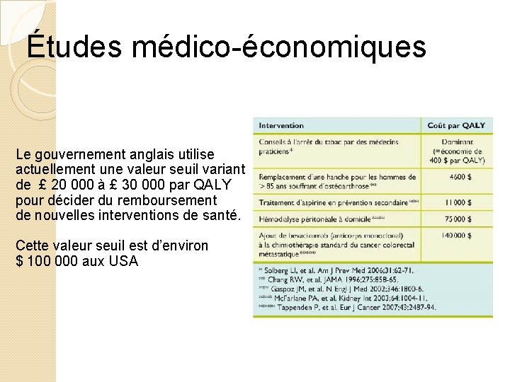 Études médico-économiques Le gouvernement anglais utilise actuellement une valeur seuil variant de £ 20