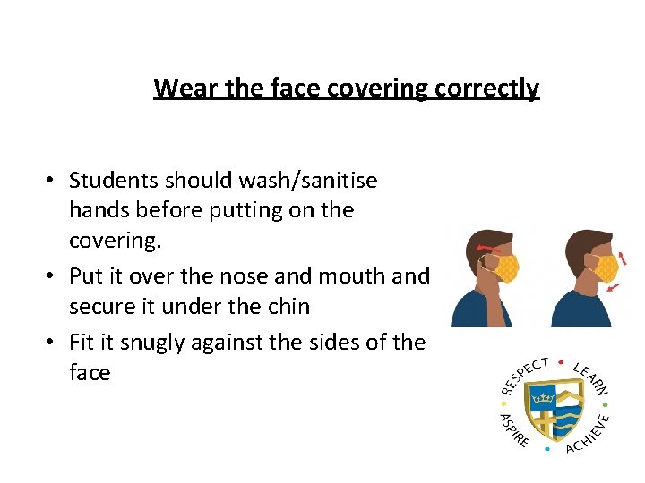 Wear the face covering correctly • Students should wash/sanitise hands before putting on the