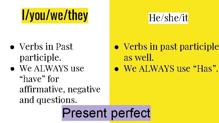 I/you/we/they ● Verbs in Past participle. ● We ALWAYS use “have” for affirmative, negative