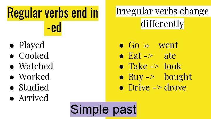 Regular verbs end in -ed ● ● ● Played Cooked Watched Worked Studied Arrived