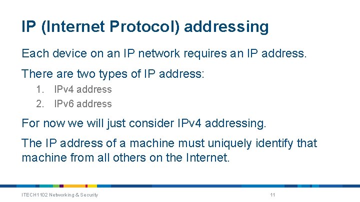 IP (Internet Protocol) addressing Each device on an IP network requires an IP address.