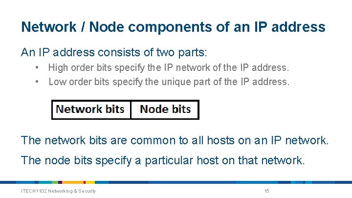 Network / Node components of an IP address An IP address consists of two