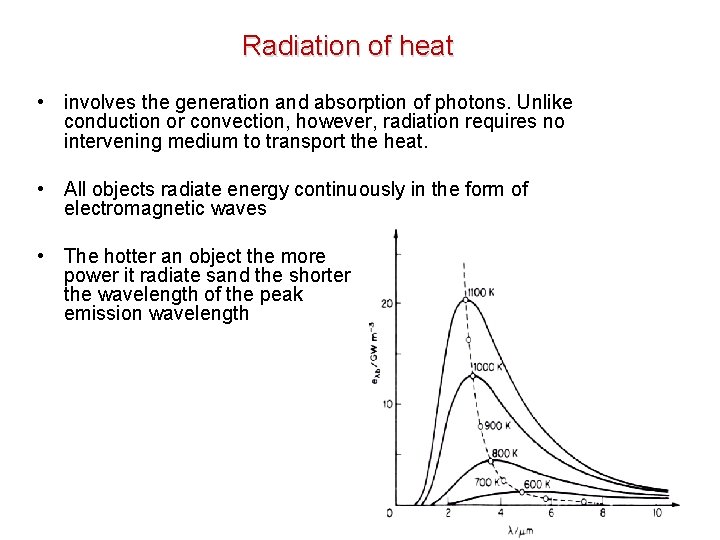 Radiation of heat • involves the generation and absorption of photons. Unlike conduction or