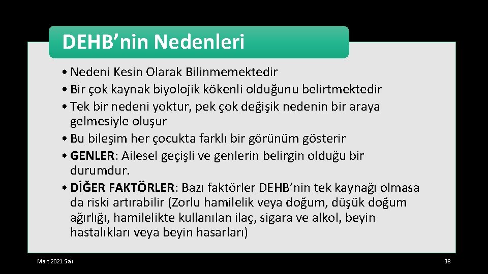 DEHB’nin Nedenleri • Nedeni Kesin Olarak Bilinmemektedir • Bir çok kaynak biyolojik kökenli olduğunu