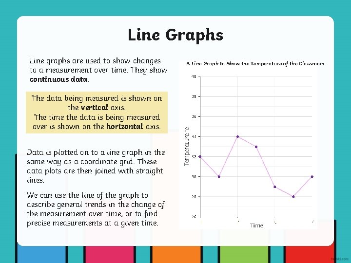 Line Graphs Line graphs are used to show changes to a measurement over time.