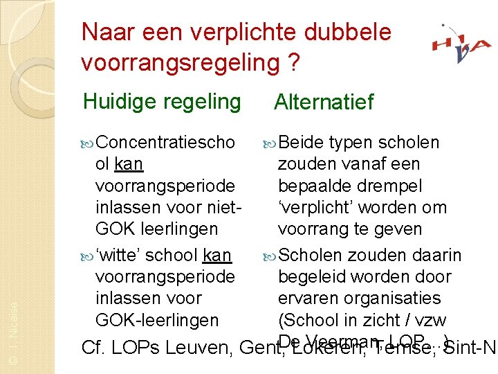 Naar een verplichte dubbele voorrangsregeling ? Huidige regeling © I. Nicaise Concentratiescho Alternatief Beide