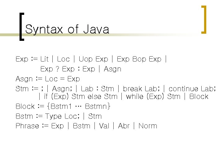 Syntax of Java Exp : = Lit | Loc | Uop Exp | Exp