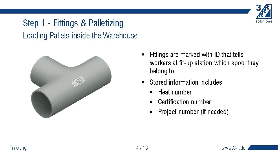 Step 1 - Fittings & Palletizing Loading Pallets inside the Warehouse § Fittings are