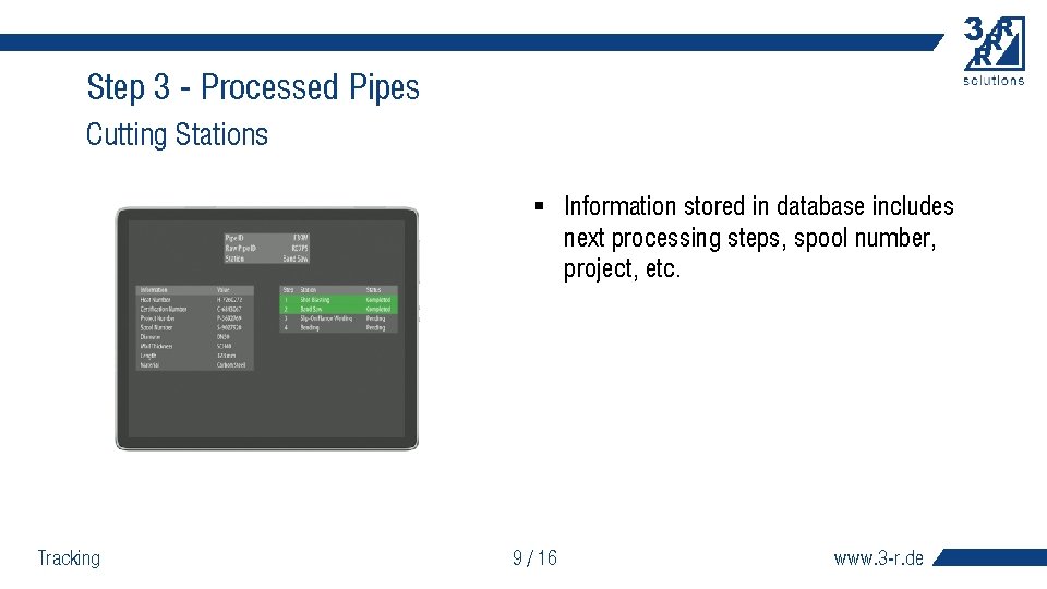 Step 3 - Processed Pipes Cutting Stations § Information stored in database includes next