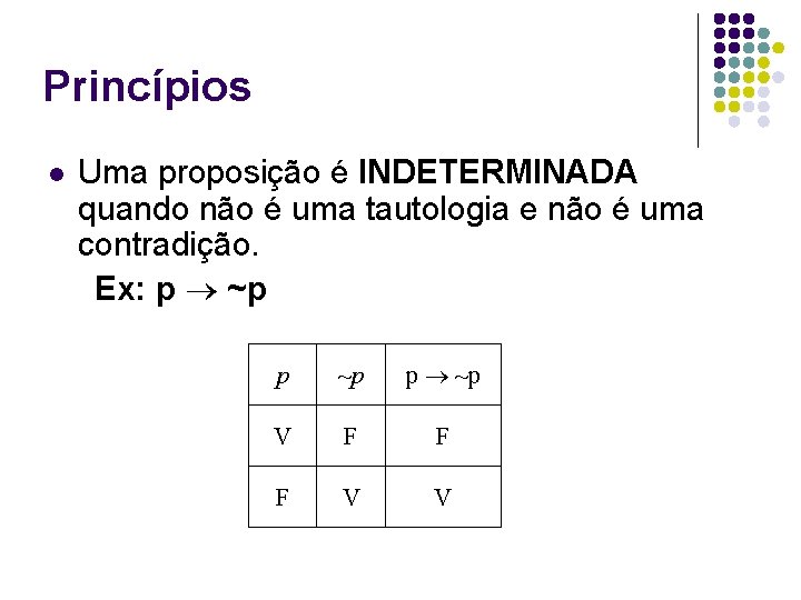 Princípios l Uma proposição é INDETERMINADA quando não é uma tautologia e não é